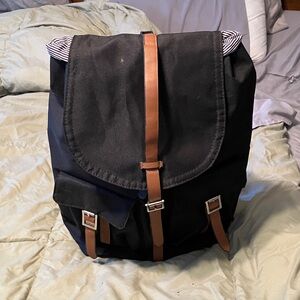 Synthetic Black Canvas Backpack w/Cognac Vegan Leather & Padded Adjustable Strap